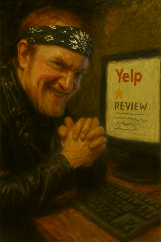 a bandana-wearing generic white man sitting at a computer and maliciously writing false one-star yelp reviews