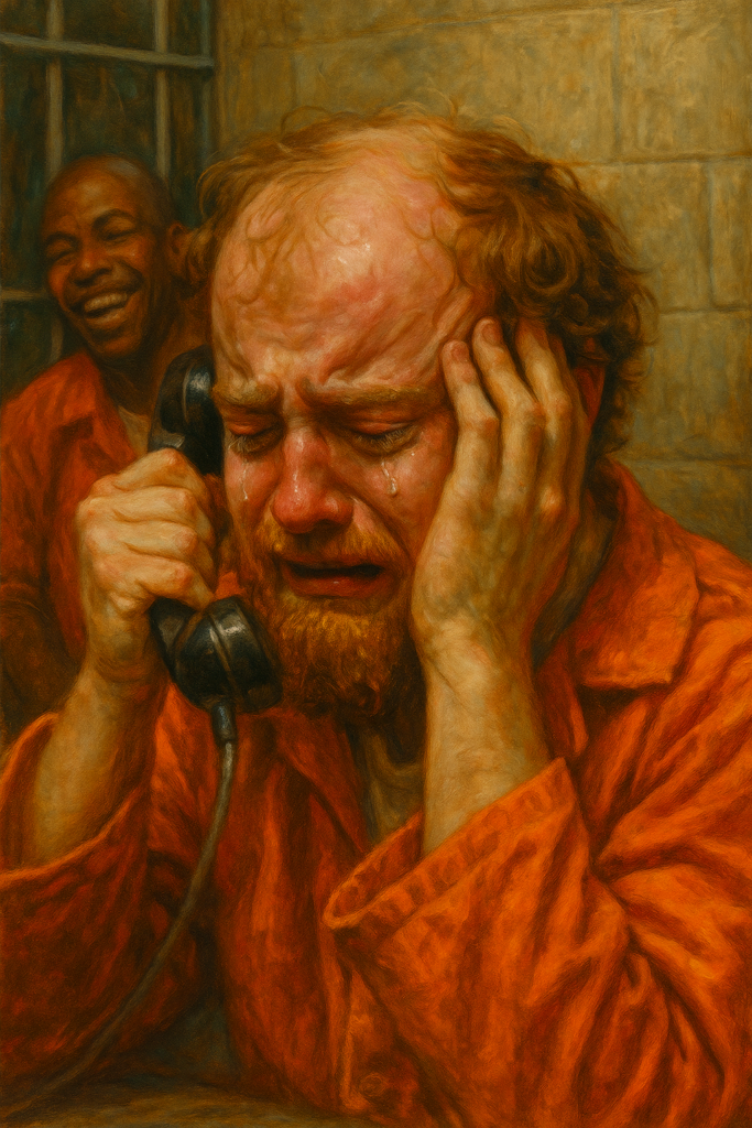 angry crying inmate not luke wenke prisoner orange jumpsuit jailhouse phone call