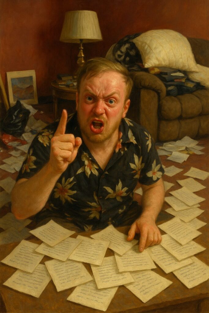not luke wenke angry white man pointing sitting on floor hoarded house surrounded by letters