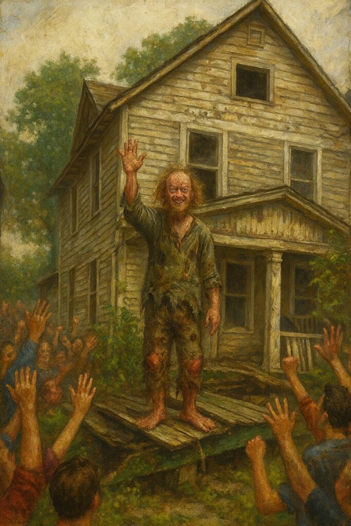 image of a disheveled unkept balding white man standing on broken front porch and waving to a cheering crowd