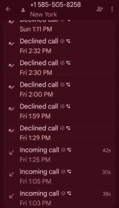 a call log depicting luke wenke's attempts to call his stalking victim from the Monroe County Jail in Rochester, NY