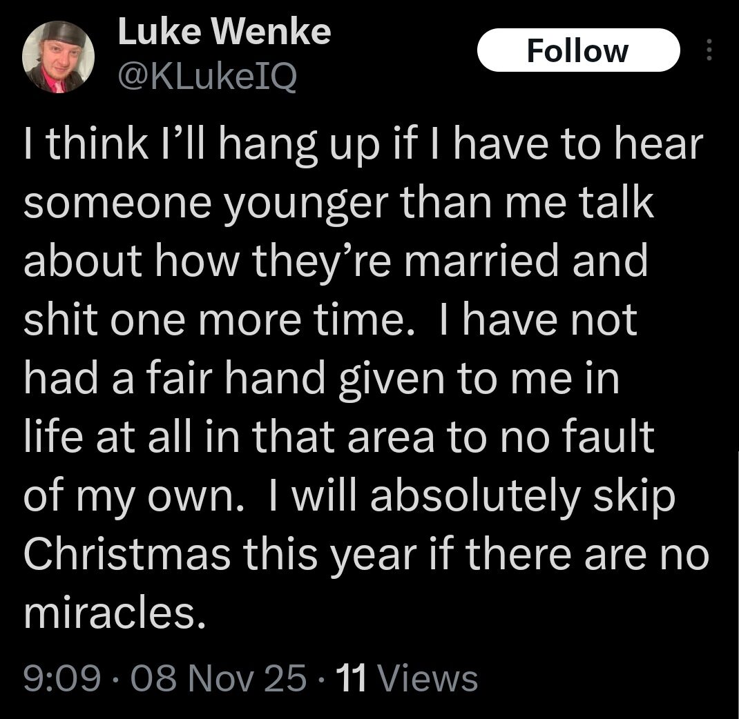 luke wenke threatens to "hang up" if he hears more young people talking about being happy in their relationships/marriages x/twitter screenshot november 2025