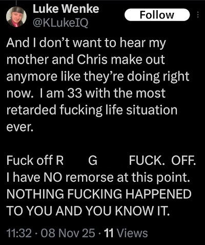 luke wenke complains about his mommy making out with her boyfriend in front of him x/twitter screenshot november 2025