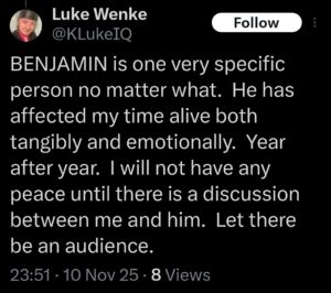 screenshot of a november 2025 luke wenke x/twitter post about his romantic obsession benjamin ryan teeter