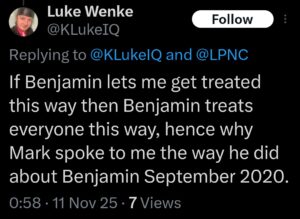 screenshot of a november 2025 luke wenke x/twitter post obsessing over stalking victim ryan teeter