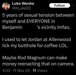screenshot of a november 2025 luke wenke x/twitter post about exchanging sex for coffee in prison