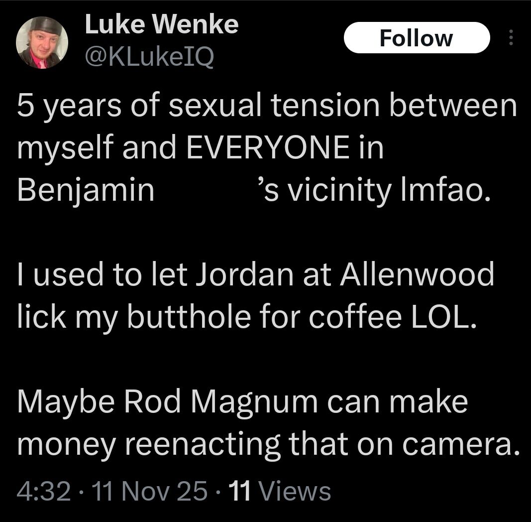 screenshot of a november 2025 luke wenke x/twitter post about exchanging sex for coffee in prison