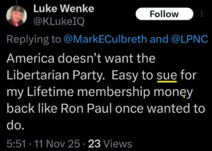 luke wenke x twitter screenshot libertarian party threats to sue 2025