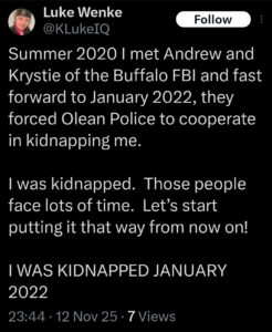 luke wenke x twitter screenshot false allegations olean police fbi 2025