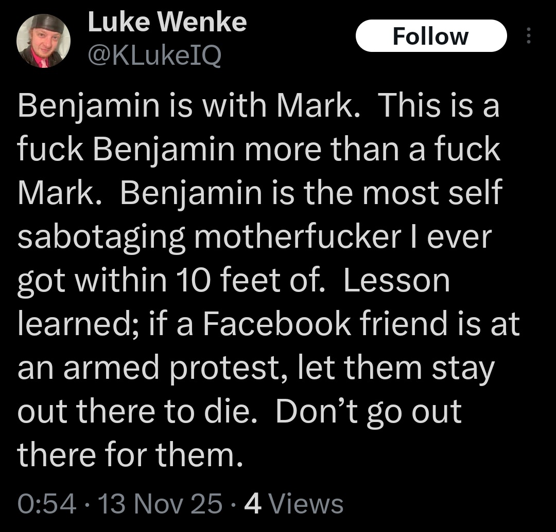 screenshot of incel luke wenke acting jealous over his romantic obsession ryan seeing other people november 2025