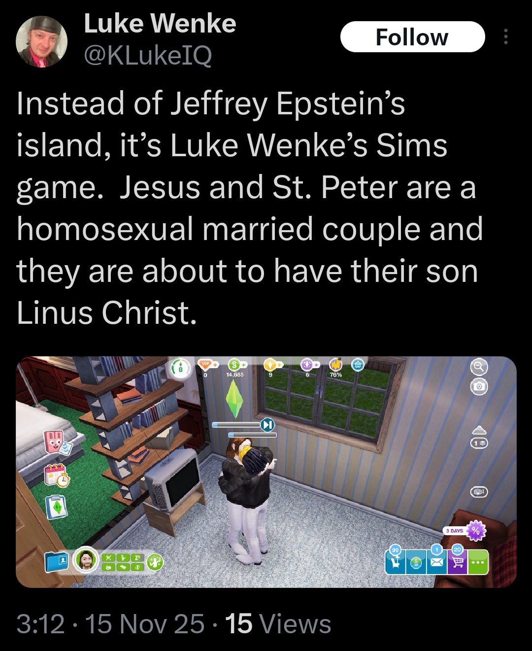 screenshot of luke wenke comparing himself to jeffrey epstein november 2025