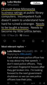 luke wenke x twitter screenshot threats 2025