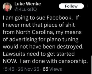 luke wenke x twitter screenshot ryan obsession threats to sue 2025