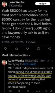 luke wenke x twitter screenshot threats false reviews 2025