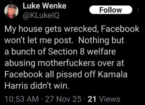 luke wenke x twitter screenshot poverty shaming false allegations vandalism property damage 2025