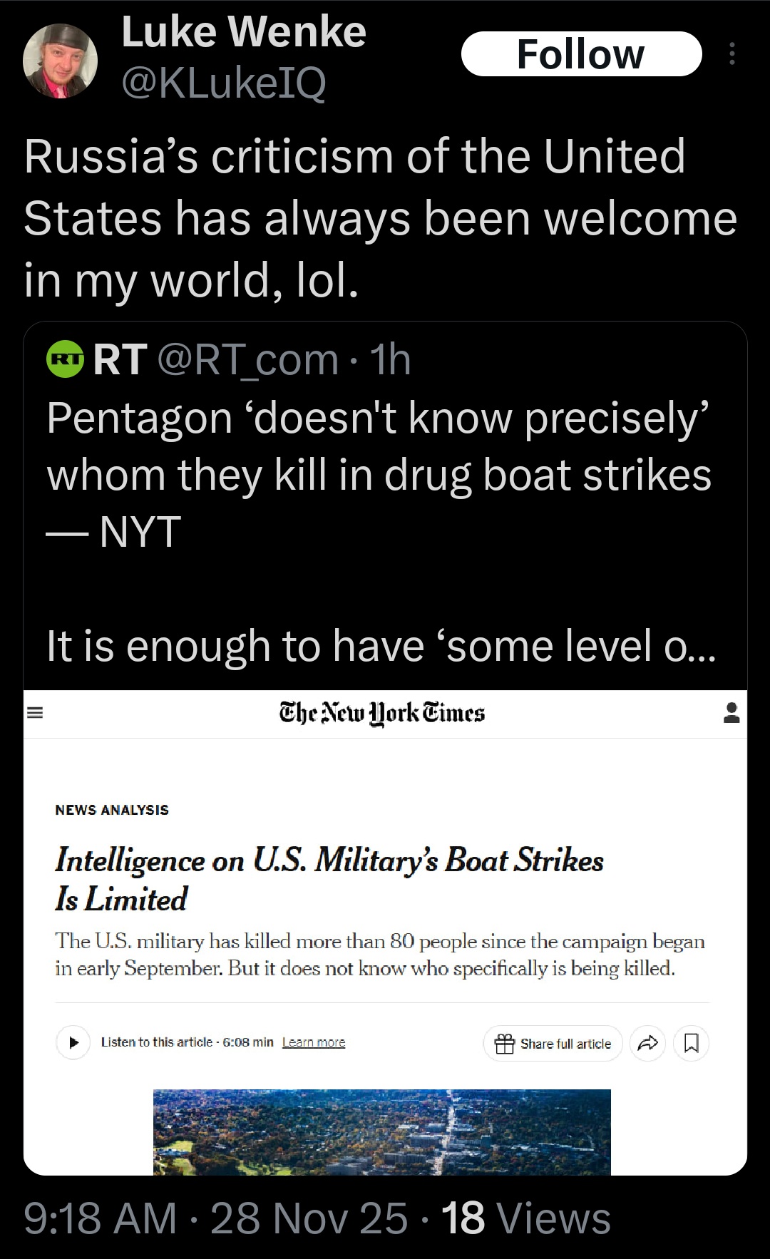 screenshot of a november 2025 Luke Wenke x/twitter post supporting russia over the usa