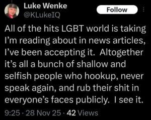 screenshot of a homophobic/antigay november 2025 luke wenke x/twitter post 