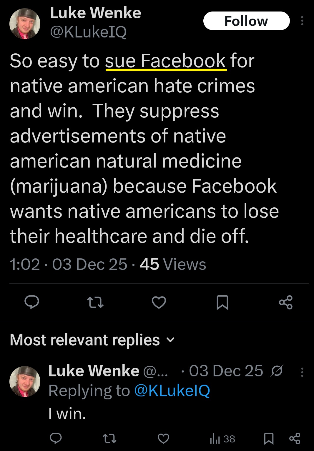 screenshot of a december 2025 luke wenke x/twitter post threatening to sue facebook