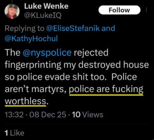 luke wenke x twitter screenshot antipolice 2025