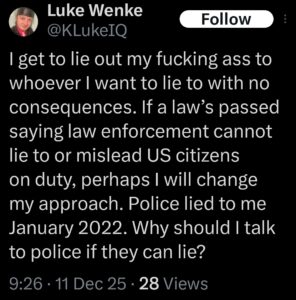 x/twitter screenshot of luke wenke admitting that he is a liar and lies a lot december 2025