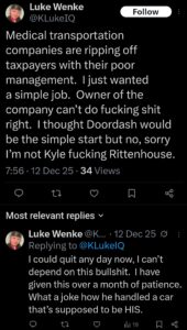 luke wenke x twitter screenshot doordash medical transportation job complaint 2025