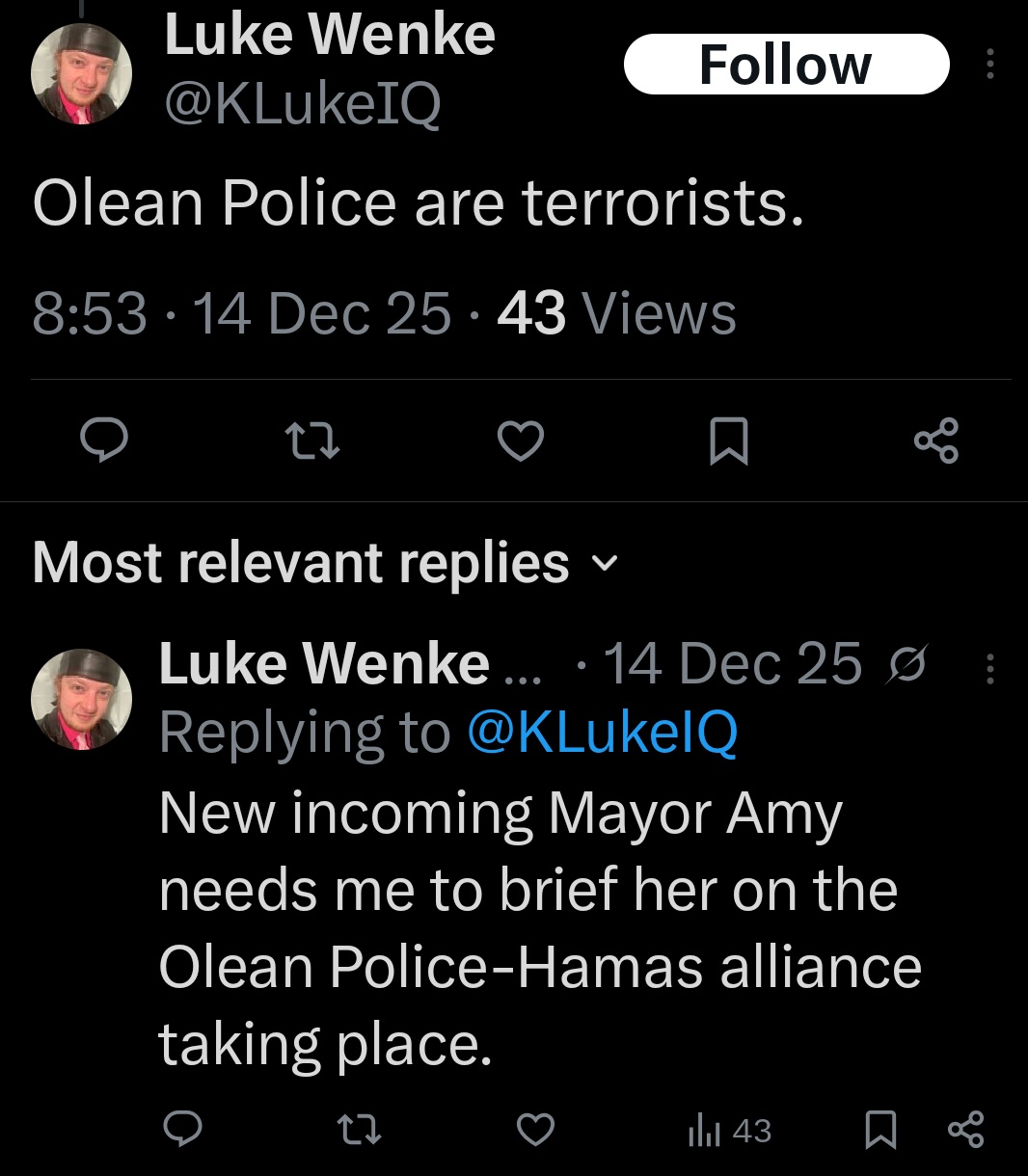 screenshot of a luke wenke x/twitter post calling the olean police terrorists