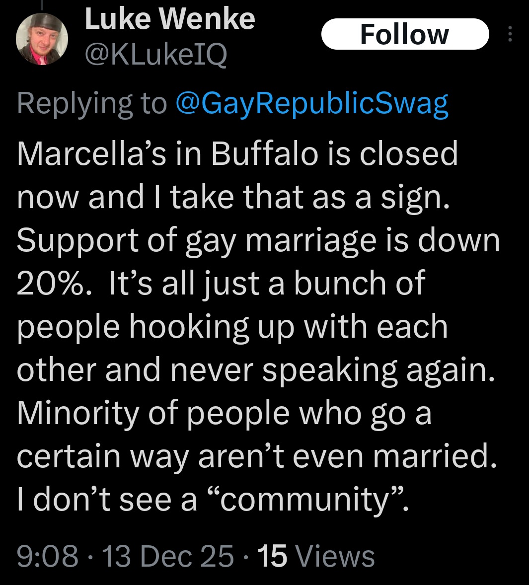 luke wenke no longer supports gay marriage, wants others to stop supporting it x/twitter screenshot december 2025