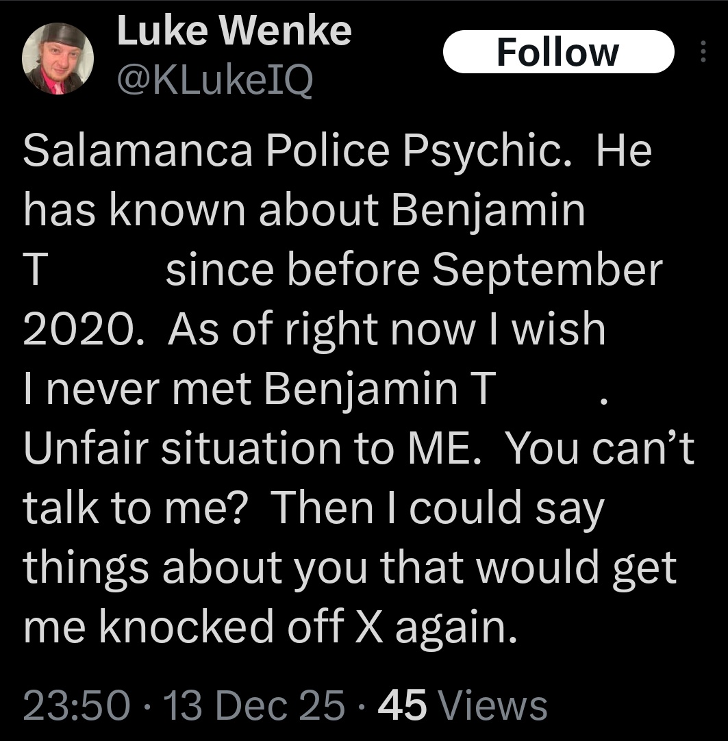 luke wenke regrets meeting stalking victim ryan teeter, blames teeter for his problems in life x/twitter screenshot december 2025