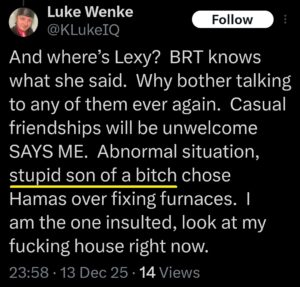 luke wenke x twitter screenshot ryan obsession hamas 2025