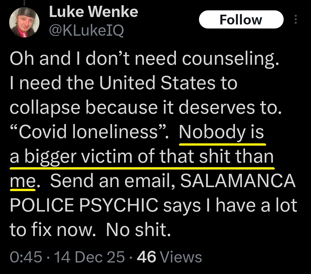 luke wenke denies being mentally ill or needing counseling x/twitter screenshot december 2025