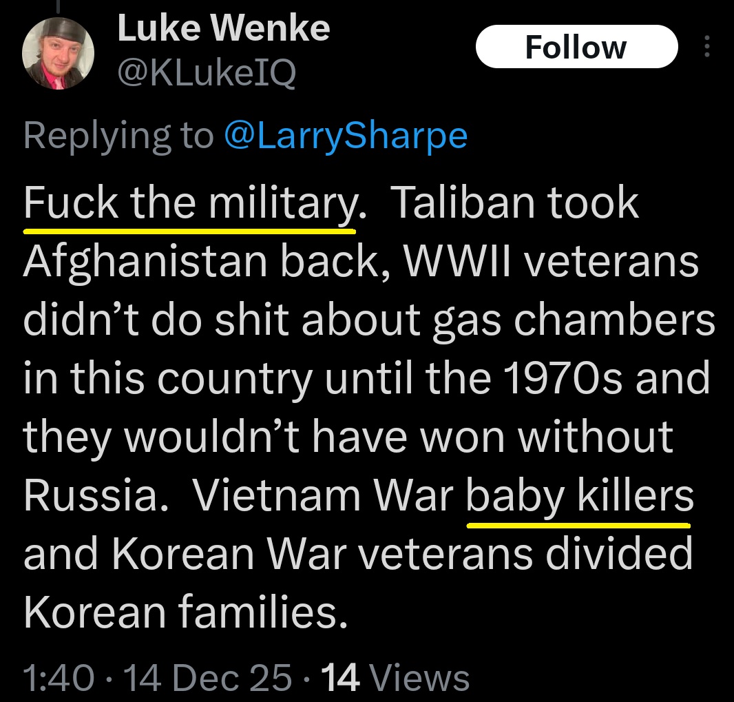 luke wenke x twitter screenshot antimilitary antiamerican 2025