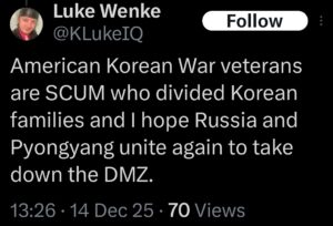 luke wenke x twitter screenshot anti-american antiveteran antimilitary 2025