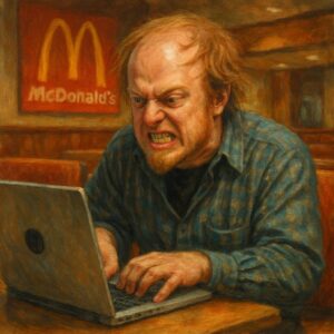 not luke wenke angrily typing laptop mcdonalds disheveled balding white man