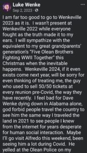 screenshot of an august 20203 facebook post by luke wenke complaining about wenkevill family reunion