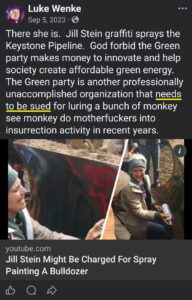 luke wenke facebook screenshot threats to sue green party 2023