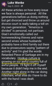 luke wenke facebook screenshot incel talk self-pity 2023