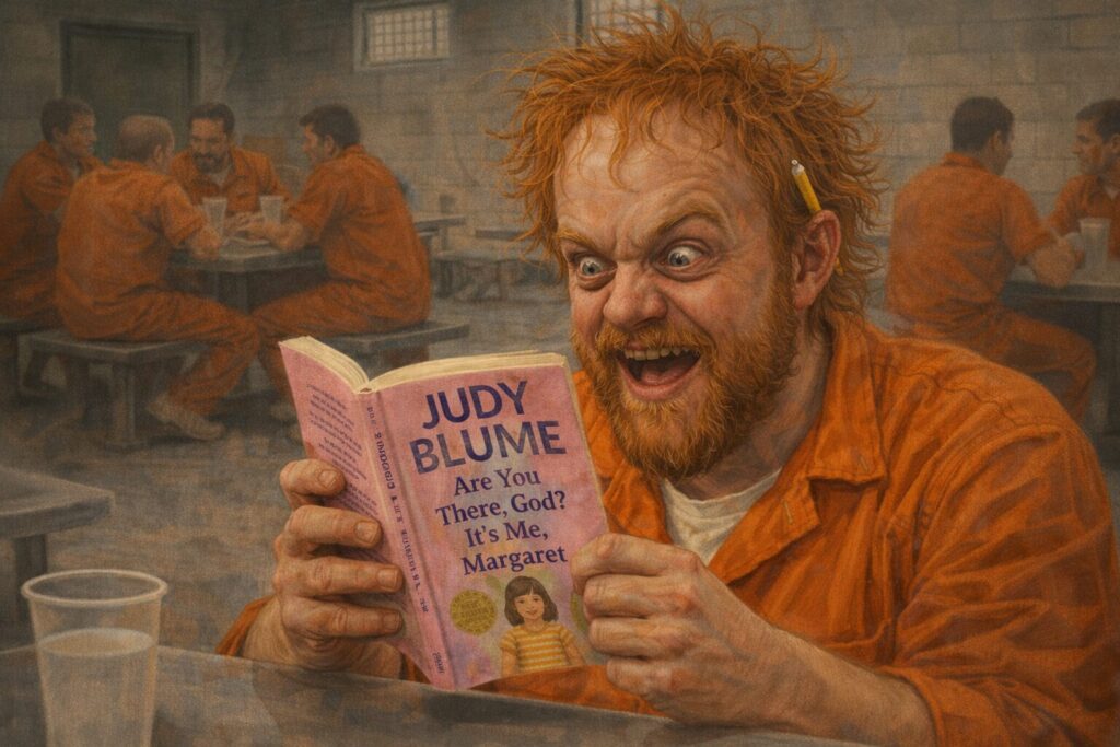 not luke wenke inmate orange jumpsuit cafeteria reading book