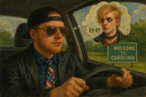 not luke wenke white man driving backwards baseball cap patriotic tie daydreaming about blond man carolina