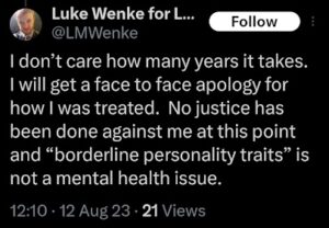screenshot of an august 2023 x/twitter post by luke wenke demanding an apology from stalking victim ryan teeter