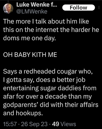 screenshot of a september 2023 luke wenke x/twitter post mocking stalking victim katie