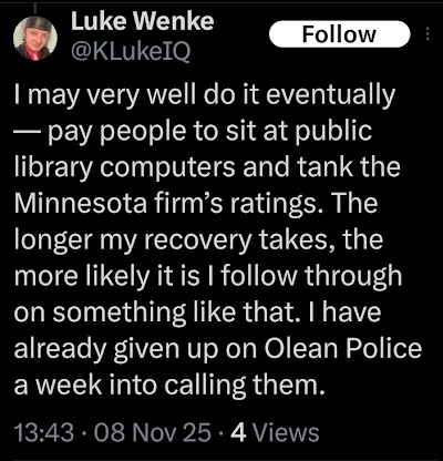 screenshot of a november 2025 luke wenke x/twitter post threatening to destroy his cyberstalking victim's professional reputation