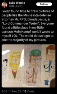 screenshot of a november 2025 x/twitter post showing off luke wenkes prison drawings of stalking victims