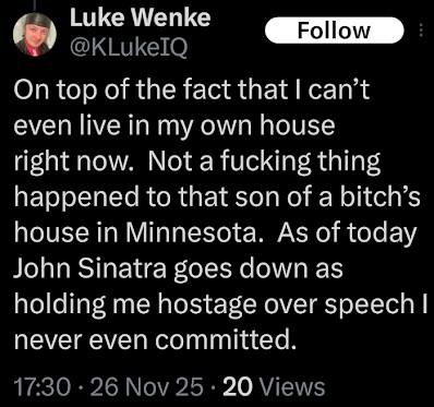 screenshot of luke wenke complaining on x/twitter about his house in olean ny being condemned