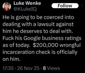 luke wenke x twitter screenshots threats to sue cyberstalking victim 2025