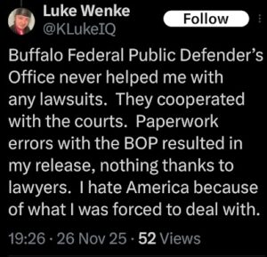 screenshot of a November 2025 X/Twitter post by Luke Wenke accusing his public defenders of conspiring against him