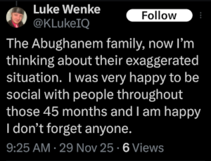 screenshot of a november 2025 luke wenke x/twitter post supporting waleed and khaled abughanem in buffalo ny