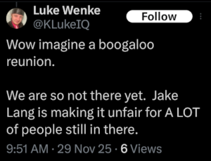 screenshot of a november 2025 luke wenke x/twitter post about wanting to reunite with the boogaloo bois