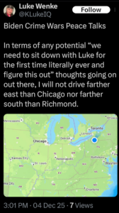 screenshot of a december 2025 luke wenke x/twitter post demanding an sit-down meeting with his stalking victims