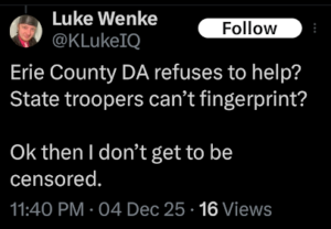 screenshot of an x/twitter post by luke wenke expressing anger because police won't falsely arrest me
