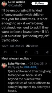 luke wenke x twitter screenshot threats to sue police 2025